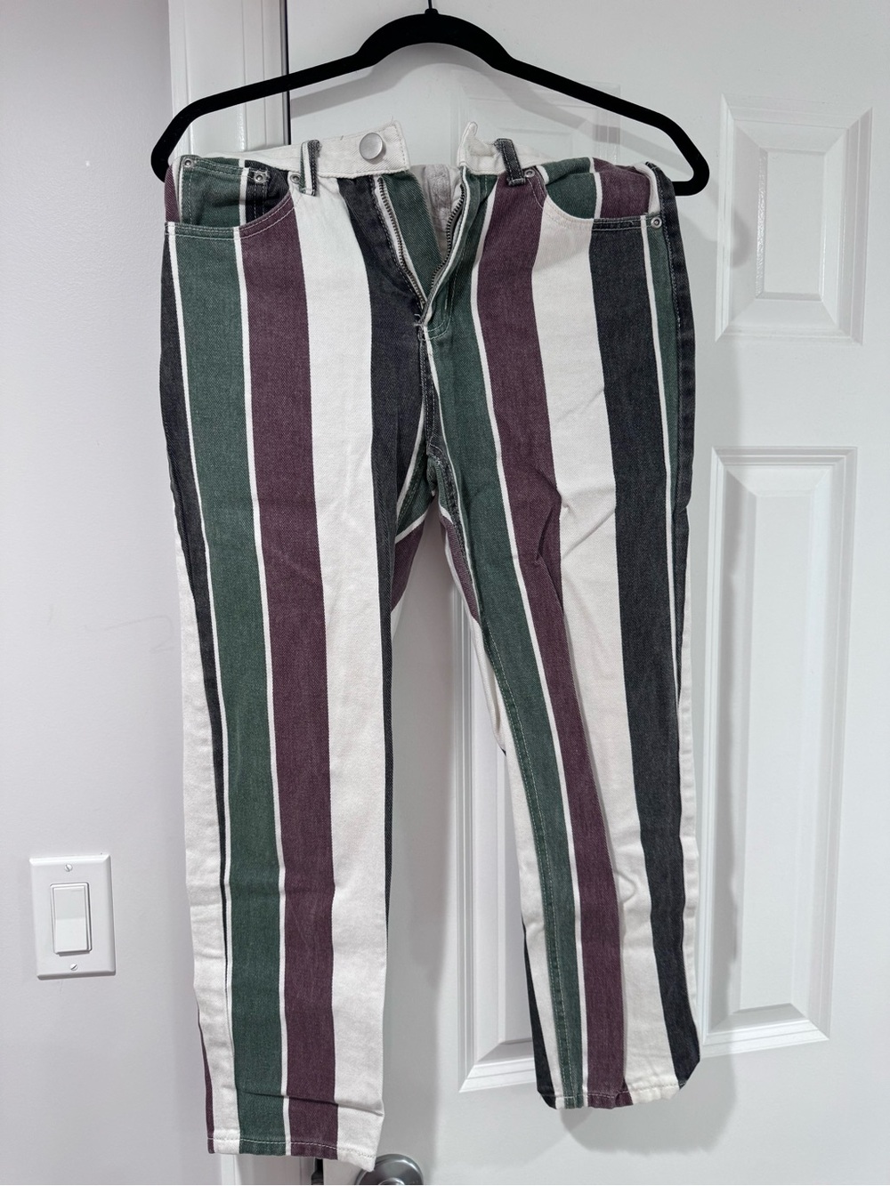 Striped Jeans in Green, Burgundy, Black & White